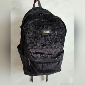 Victorias Secret Pink Logo Velvet Large Campus Backpack Bookbag Black Full Size
